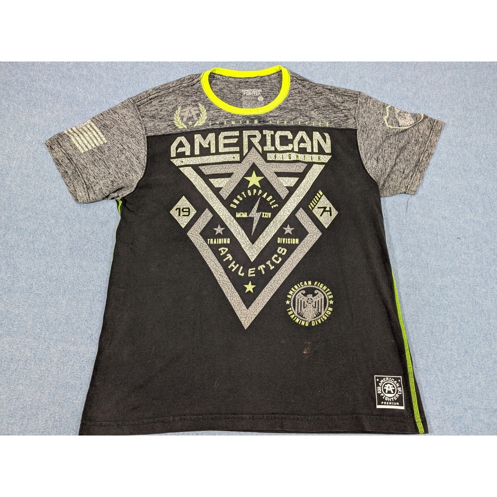 American Fighter Mens T-Shirt XL Black Gray Neon Green Unstoppable Graphic Tee